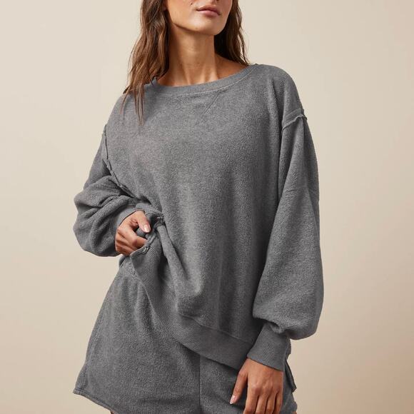 AERIE Big Hug Oversized Reverse Fleece Crewneck Sweatshirt Charcoal Gray XXS - Picture 1 of 8